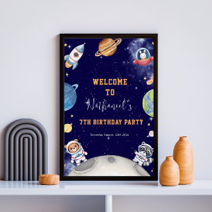 宇宙空間ウッドランド動物の誕生日ウェルカムサイン ポスター