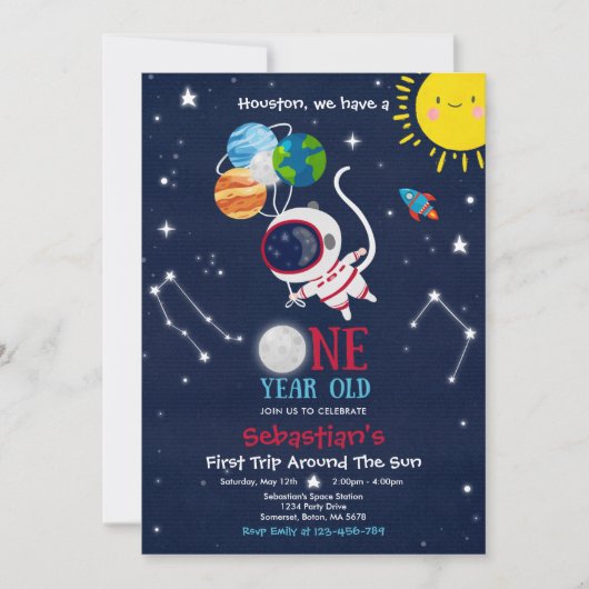 宇宙空間1歳の誕生日パーティー宇宙飛行士ロケット 招待状 (正面)