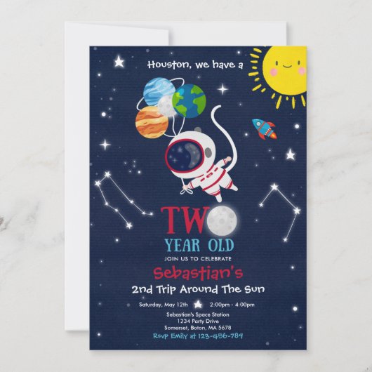 宇宙空間2回目の誕生日パーティー宇宙飛行士ロケット 招待状 (正面)