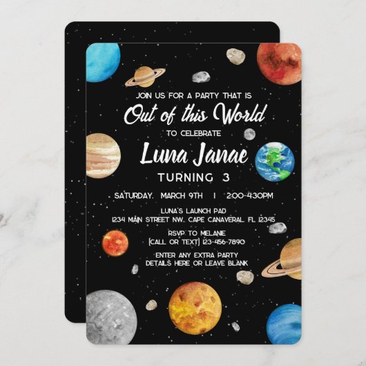 宇宙空間 – この世界の子供の誕生日 招待状 (正面/裏面)