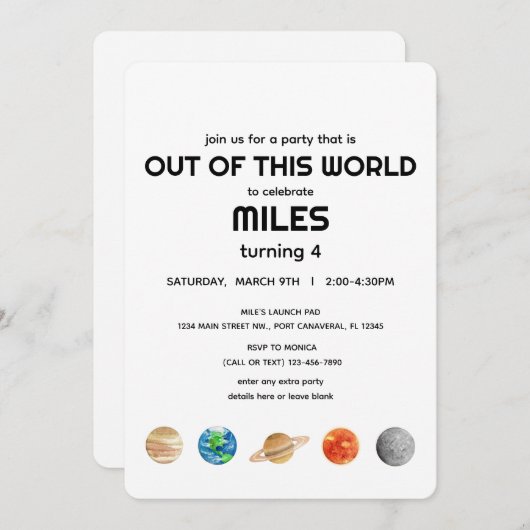 宇宙空間 – この世界の子供の誕生日 招待状 (正面/裏面)