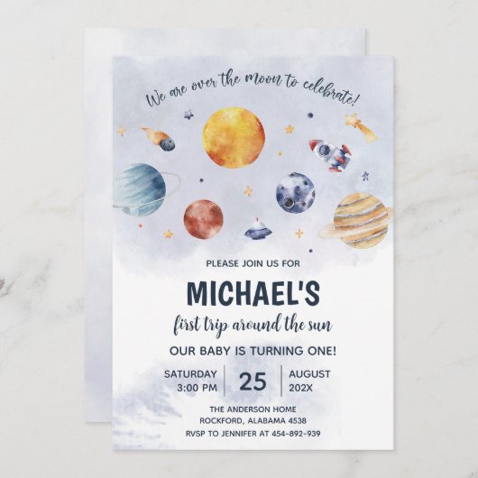 宇宙第1の誕生日パーティー最初ののまわりに旅ザ太陽 招待状 (正面/裏面)