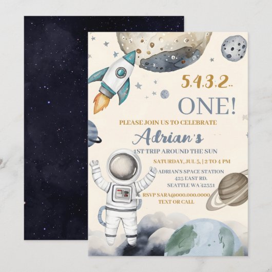 宇宙第1の誕生日パーティー最初ののまわりに旅ザ太陽 招待状 (正面/裏面)