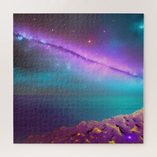 宇宙紫色の彗星が惑星の上空を横切って飛ぶ ジグソーパズル (横)