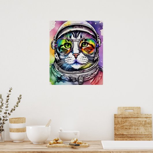 宇宙絵画猫芸術宇宙飛行士キャットデジタルアート ポスター (キッチン)