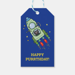 宇宙船おもしろいに乗った漫画の猫カスタム文字 ギフトタグ