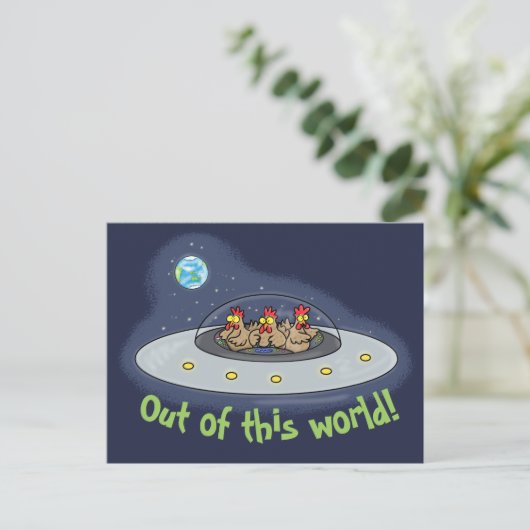 宇宙船おもしろい漫画はがき中の鶏 ポストカード (スタンド正面)