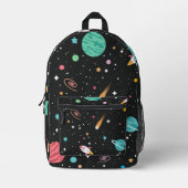 宇宙船と惑星が黒に プリントバックパック (正面)