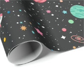 宇宙船と惑星が黒に ラッピングペーパー (ロールコーナー)