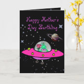 宇宙船にエイリアン付き母の日札 カード (黄色い花)