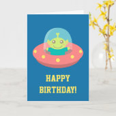 宇宙船に乗ったかわいい宇宙人のお誕生日おめでとう カード (黄色い花)