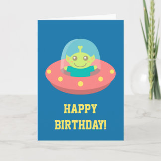 宇宙船に乗ったかわいい宇宙人のお誕生日おめでとう カード