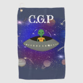 宇宙船に乗ったエイリアンのニューメキシコTシャツ姿 ゴルフタオル (正面)