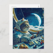 宇宙船のコックピットにいるオレンジ色の猫と外の惑星 シーズンポストカード (正面/裏面)