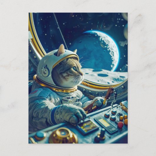 宇宙船のコックピットにいるオレンジ色の猫と外の惑星 シーズンポストカード (正面)