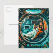 宇宙船のコックピットに座るオレンジと白の猫 シーズンポストカード (正面/裏面)
