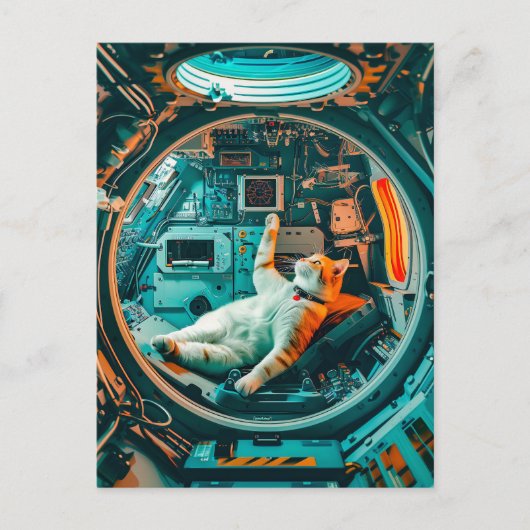 宇宙船のコックピットに座るオレンジと白の猫 シーズンポストカード (正面)