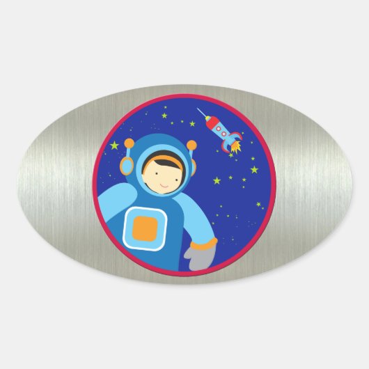 宇宙船の外に浮かぶスペースボーイ 楕円形シール (正面)