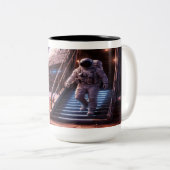 宇宙船を離れる宇宙飛行士 ツートーンマグカップ (正面右)