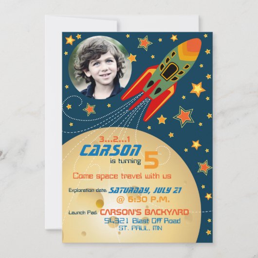 宇宙船プラネッツ&スターズ写真テンプレート誕生日 招待状 (正面)