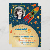 宇宙船プラネッツ&スターズ写真テンプレート誕生日 招待状 (正面/裏面)