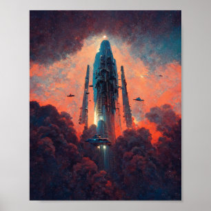 宇宙船リフトオフSci-Fiアートポスター ポスター
