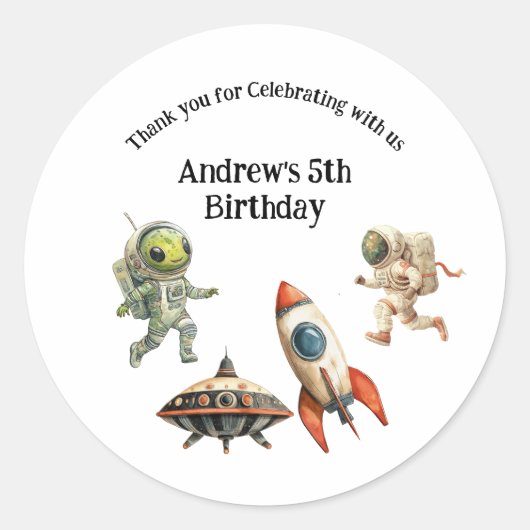 宇宙船 エイリアン 宇宙飛行士 ロケット 男の子 誕生日 ラウンドシール (正面)