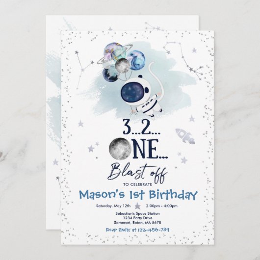 宇宙誕生パーティー宇宙飛行士ロケット 招待状 (正面/裏面)