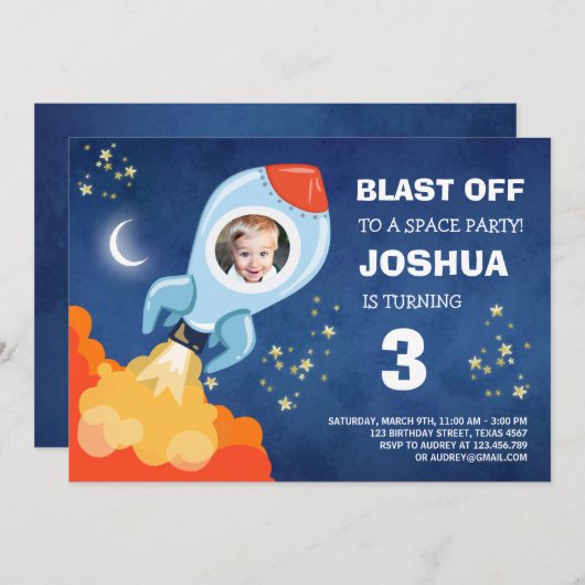宇宙誕生日の招待ロケット船宇宙飛行士 招待状 (正面/裏面)