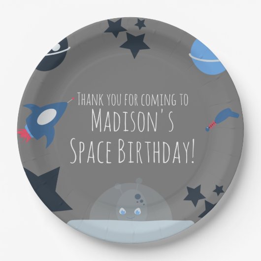 宇宙誕生日エイリアンをテーマにした青紙プレート ペーパープレート (正面)