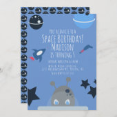 宇宙誕生日エイリアンテーマブルー招待状 招待状 (正面/裏面)