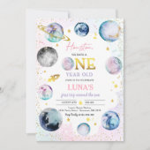 宇宙誕生日ガールピンク最初のトリップザのまわりにサン 招待状 (正面)