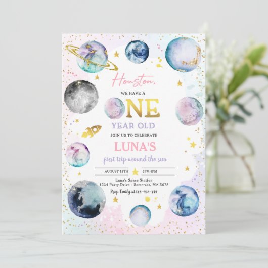 宇宙誕生日ガールピンク最初のトリップザのまわりにサン 招待状 (スタンド正面)