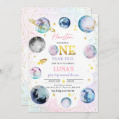 宇宙誕生日ガールピンク最初のトリップザのまわりにサン 招待状 (正面/裏面)