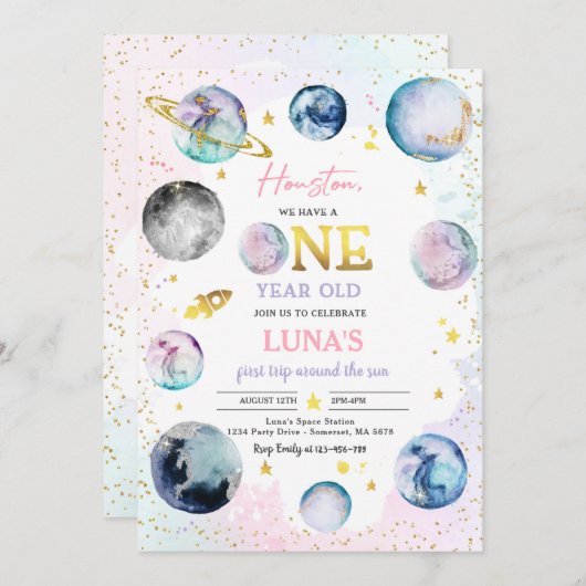 宇宙誕生日ガールピンク最初のトリップザのまわりにサン 招待状 (正面/裏面)