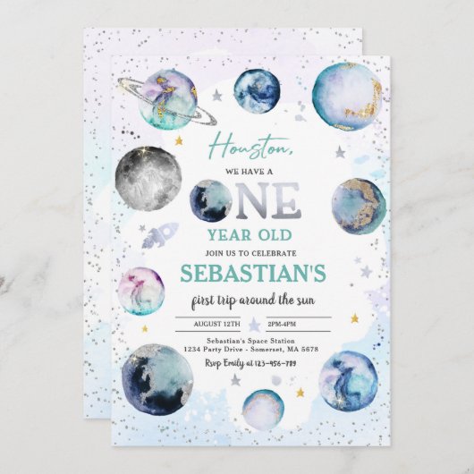 宇宙誕生日パーティファーストのまわりにトリップザサンボーイ 招待状 (正面/裏面)