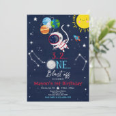 宇宙誕生日パーティーの惑星宇宙飛行士ロケット 招待状 (スタンド正面)