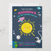 宇宙誕生日パーティーピンク宇宙飛行士ロケット 招待状 (正面)