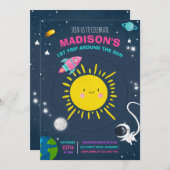 宇宙誕生日パーティーピンク宇宙飛行士ロケット 招待状 (正面/裏面)