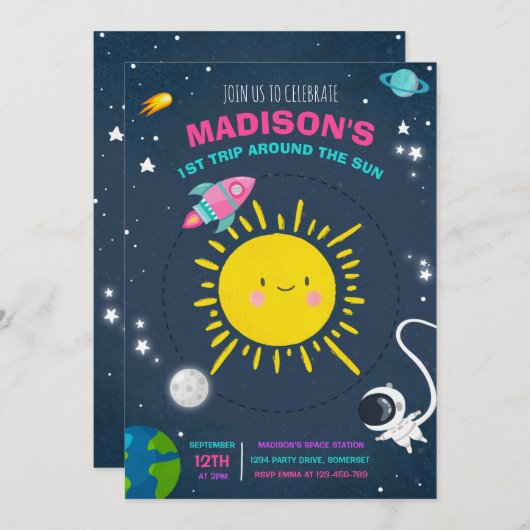 宇宙誕生日パーティーピンク宇宙飛行士ロケット 招待状 (正面/裏面)