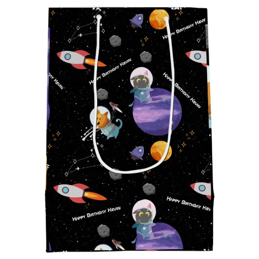 宇宙誕生日会カスタム文字 ミディアムペーパーバッグ (裏面)