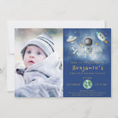 宇宙誕生日宇宙飛行士ボーイロケットはパーティーを星 招待状 (正面)