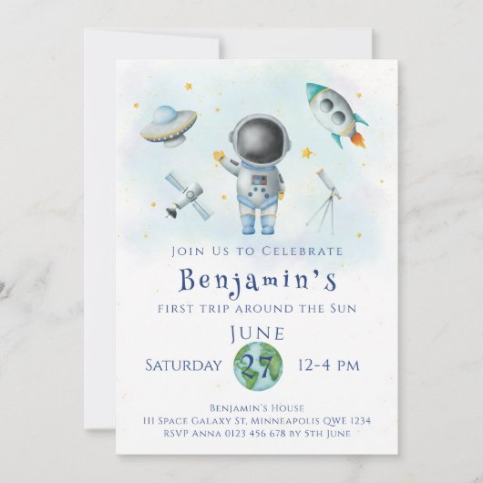 宇宙誕生日宇宙飛行士ボーイロケット星パーティー 招待状 (正面)