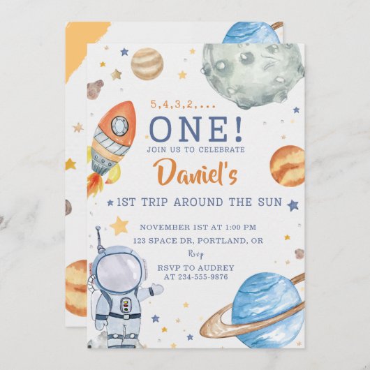 宇宙誕生日宇宙飛行士1回目ののまわりに日没 招待状 (正面/裏面)