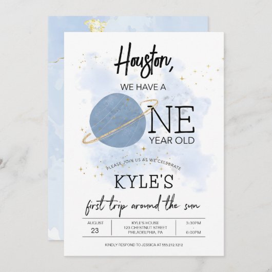 宇宙誕生日招待状テンプレート、1歳の誕生日 招待状 (正面/裏面)