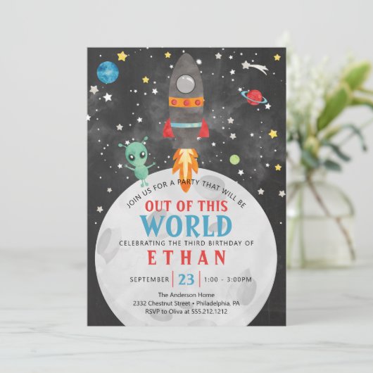 宇宙誕生日招待状任意の年齢と写真 招待状 (スタンド正面)