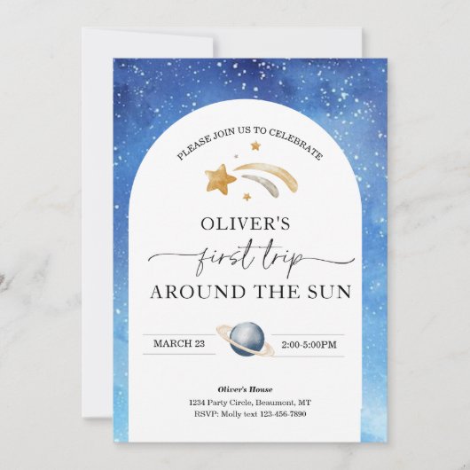 宇宙誕生日招待状 | 初めての旅 誕生日 招待状 (正面)