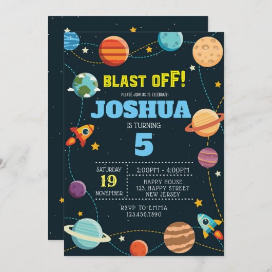 宇宙誕生日招待状。外部空間招待状 招待状 (正面/裏面)