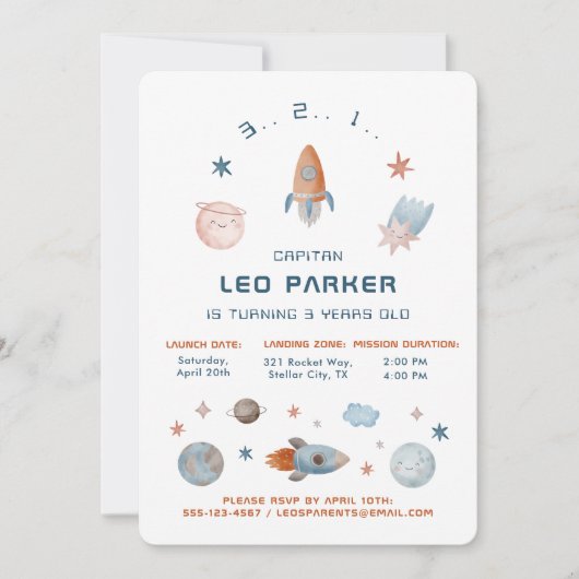 宇宙誕生日招待状-銀河系ロケットテーマII 招待状 (正面)