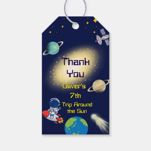 宇宙誕生日 – 宇宙飛行士、ロケット、銀河 ギフトタグ (正面)